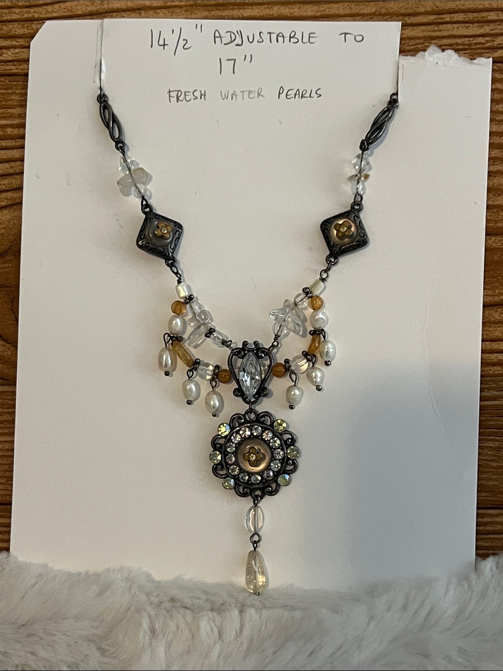 Freshwater Pearl and Amber Accent Necklace with Blackened Metal Filigree